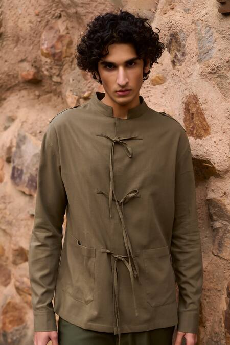 Dash And Dot_Green Cotton, Viscose, Spandex Solid Front Tie Shirt And Cargo Pant Set _at_Aza_Fashions