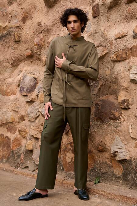 Buy_Dash And Dot_Green Cotton, Viscose, Spandex Solid Front Tie Shirt And Cargo Pant Set 