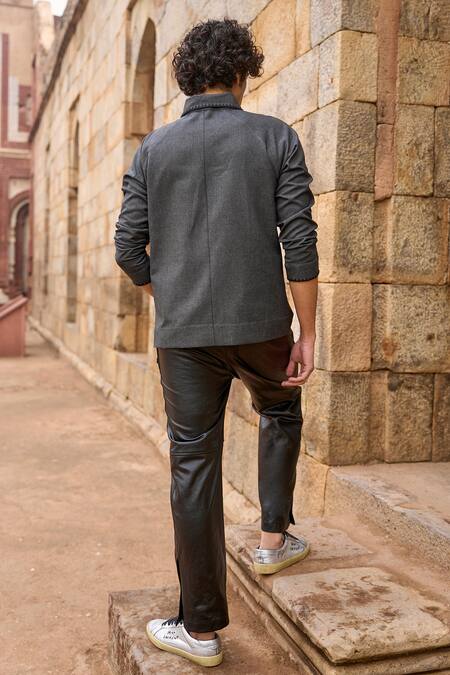 Shop_Dash And Dot_Gray Polyester, Viscose Embroidery Grey Boxy Shirt With Triangle Stitch _at_Aza_Fashions