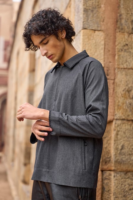 Dash And Dot_Gray Polyester, Viscose Embroidery Grey Boxy Shirt With Triangle Stitch _Online_at_Aza_Fashions