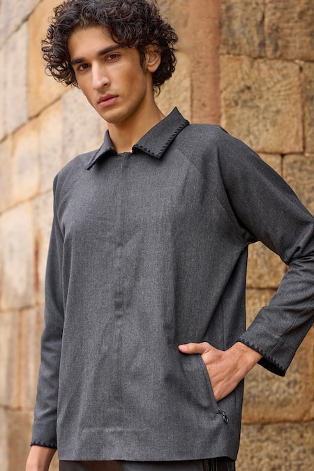 Buy_Dash And Dot_Gray Polyester, Viscose Embroidery Grey Boxy Shirt With Triangle Stitch _Online_at_Aza_Fashions