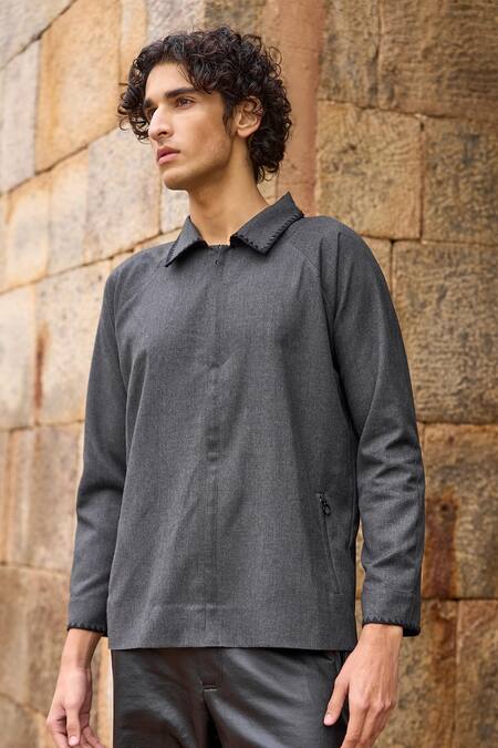 Shop_Dash And Dot_Gray Polyester, Viscose Embroidery Grey Boxy Shirt With Triangle Stitch _Online_at_Aza_Fashions