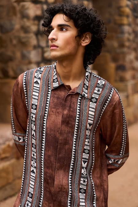 Dash And Dot_Multi Color Viscose Embroidery Multicolor Tribal Print Border Shirt _Online_at_Aza_Fashions