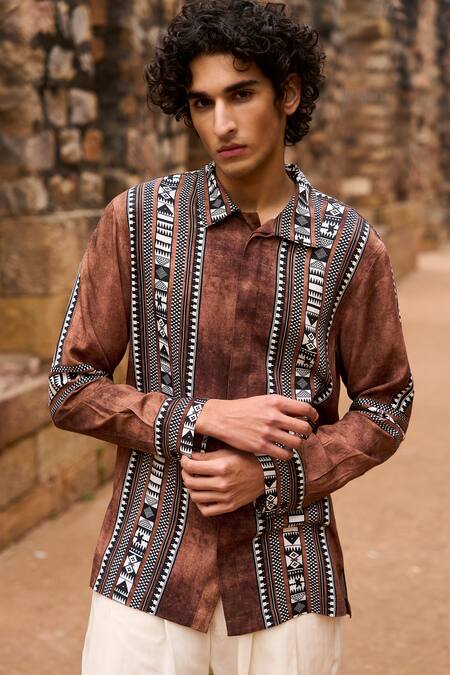 Buy_Dash And Dot_Multi Color Viscose Embroidery Multicolor Tribal Print Border Shirt _Online_at_Aza_Fashions