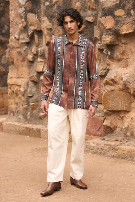 Shop_Dash And Dot_Multi Color Viscose Embroidery Multicolor Tribal Print Border Shirt _Online_at_Aza_Fashions