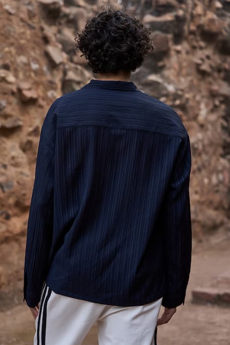 Shop_Dash And Dot_Blue Polyester Navy Textured Self Stripe Shirt _at_Aza_Fashions