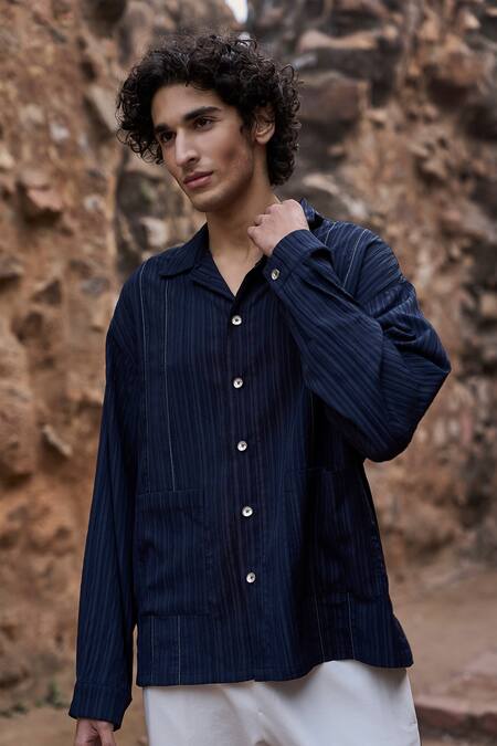Dash And Dot_Blue Polyester Navy Textured Self Stripe Shirt _Online_at_Aza_Fashions