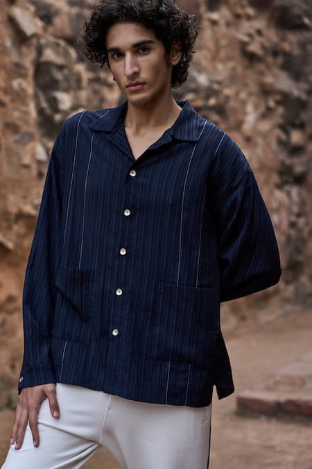 Buy_Dash And Dot_Blue Polyester Navy Textured Self Stripe Shirt _Online_at_Aza_Fashions