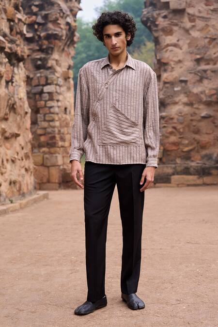 Dash And Dot_Gray Polyester Dove Self Textured Boxy Shirt _Online_at_Aza_Fashions