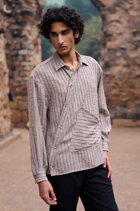 Buy_Dash And Dot_Gray Polyester Dove Self Textured Boxy Shirt _Online_at_Aza_Fashions