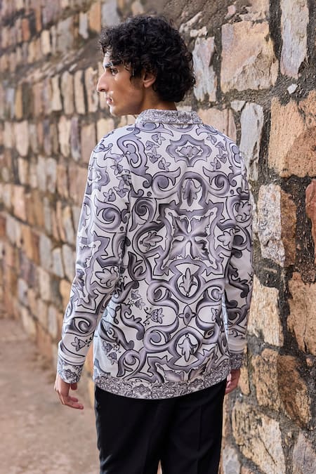 Shop_Dash And Dot_Multi Color Cotton, Polyester Multicolor Ceramic Print Zip-up Shirt _at_Aza_Fashions