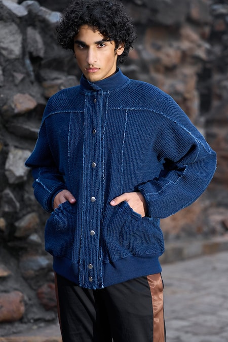 Shop Dash And Dot Blue Cotton Indigo Crinkle Textured Jacket Online at Aza Fashions Shop_Dash And Dot_Blue Cotton Indigo Crinkle Textured Jacket _Online_at_Aza_Fashions