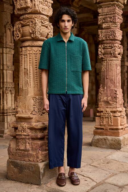 Dash And Dot_Green Polyester Knitted Textured Shirt _Online_at_Aza_Fashions