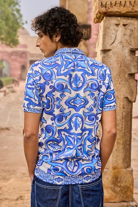 Shop_Dash And Dot_Blue Cotton, Polyester Ceramic Print Shirt _at_Aza_Fashions
