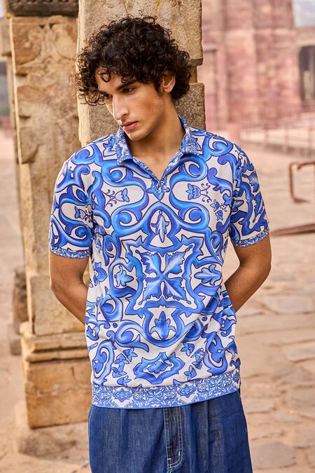 Dash And Dot_Blue Cotton, Polyester Ceramic Print Shirt _Online_at_Aza_Fashions