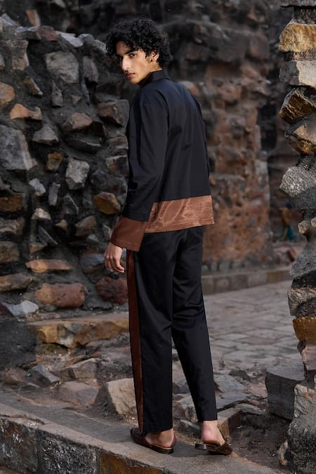 Shop_Dash And Dot_Black Cotton Straight Pant With Satin Stripes _at_Aza_Fashions