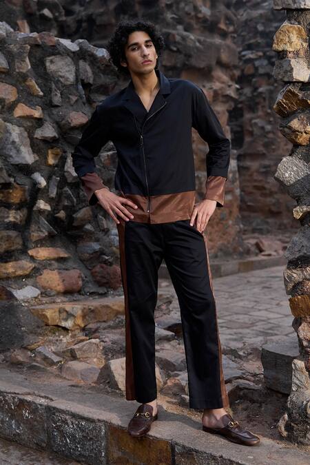 Dash And Dot_Black Cotton Straight Pant With Satin Stripes _at_Aza_Fashions