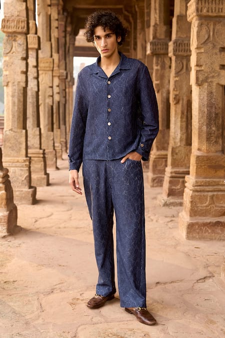 Dash And Dot Blue Cotton Indigo Jacquard Denim Shirt Online at Aza Fashions Dash And Dot_Blue Cotton Indigo Jacquard Denim Shirt _Online_at_Aza_Fashions