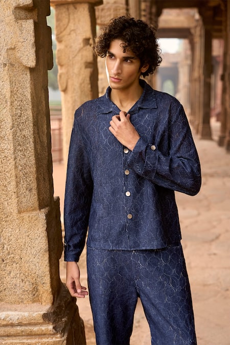 Shop Dash And Dot Blue Cotton Indigo Jacquard Denim Shirt Online at Aza Fashions Shop_Dash And Dot_Blue Cotton Indigo Jacquard Denim Shirt _Online_at_Aza_Fashions