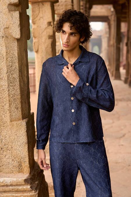 Shop Dash And Dot Blue Cotton, Spandex Indigo Jacquard Shirt And Pant Set Online at Aza Fashions Shop_Dash And Dot_Blue Cotton, Spandex Indigo Jacquard Shirt And Pant Set _Online_at_Aza_Fashions