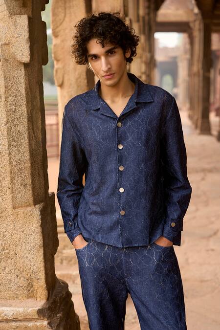 Dash And Dot Blue Cotton, Spandex Indigo Jacquard Shirt And Pant Set at Aza Fashions Dash And Dot_Blue Cotton, Spandex Indigo Jacquard Shirt And Pant Set _at_Aza_Fashions