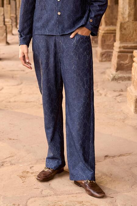 Dash And Dot Blue Cotton, Spandex Indigo Denim Jacquard Straight Fit Pant Online at Aza Fashions Dash And Dot_Blue Cotton, Spandex Indigo Denim Jacquard Straight Fit Pant _Online_at_Aza_Fashions