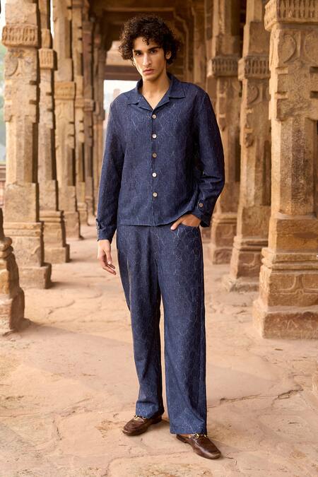 Buy Dash And Dot Blue Cotton, Spandex Indigo Denim Jacquard Straight Fit Pant Online at Aza Fashions Buy_Dash And Dot_Blue Cotton, Spandex Indigo Denim Jacquard Straight Fit Pant _Online_at_Aza_Fashions