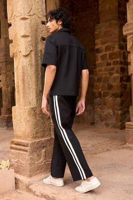 Dash And Dot Collared Black Shirt & Pant Set 