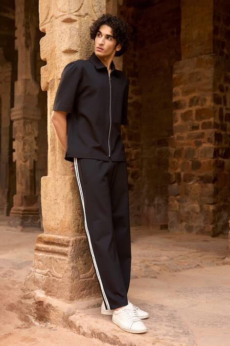 Buy_Dash And Dot_Black Polyester, Spandex, Viscose Collared Shirt And Pant Set _Online_at_Aza_Fashions