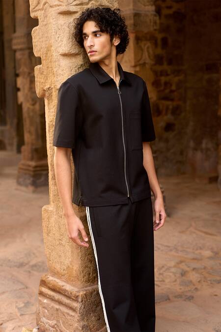 Shop_Dash And Dot_Black Polyester, Spandex, Viscose Collared Shirt And Pant Set _Online_at_Aza_Fashions
