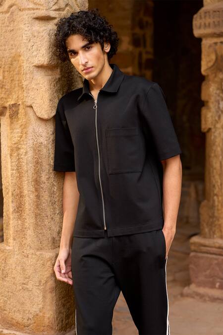 Dash And Dot_Black Polyester, Spandex, Viscose Collared Shirt And Pant Set _at_Aza_Fashions