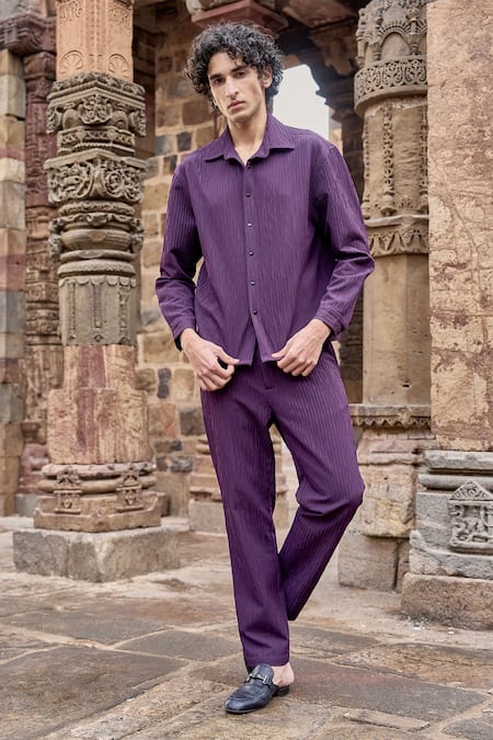 Dash And Dot_Purple Polyester Dull Aubergine Textured Pleated Shirt _Online_at_Aza_Fashions