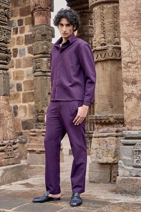 Shop_Dash And Dot_Purple Polyester Dull Aubergine Textured Pleated Shirt _Online_at_Aza_Fashions