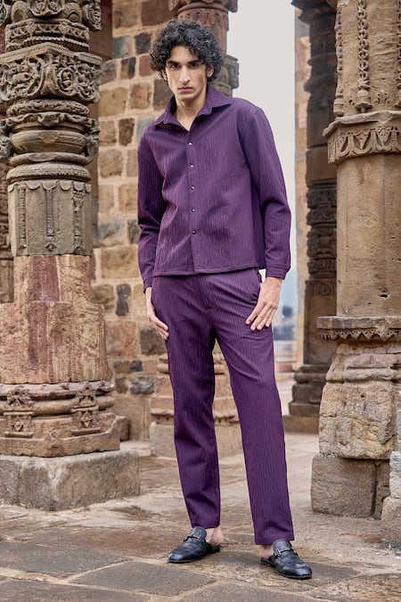 Dash And Dot_Purple Polyester Dull Aubergine Textured Pleated Shirt _at_Aza_Fashions