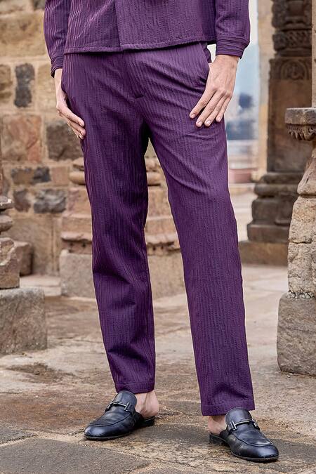 Dash And Dot_Purple Polyester Textured Pleated Shirt And Pant Set _Online_at_Aza_Fashions