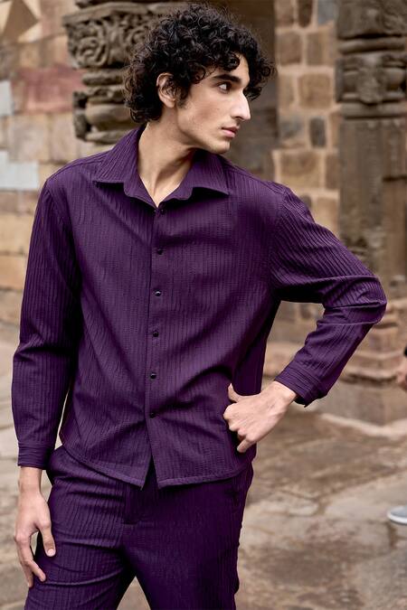 Buy_Dash And Dot_Purple Polyester Textured Pleated Shirt And Pant Set _Online_at_Aza_Fashions