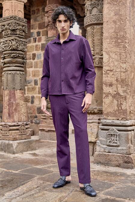 Shop_Dash And Dot_Purple Polyester Textured Pleated Shirt And Pant Set _Online_at_Aza_Fashions