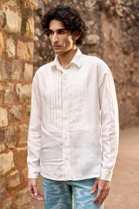 Dash And Dot_White Viscose Designer Collared Long Sleeve Shirt _Online_at_Aza_Fashions