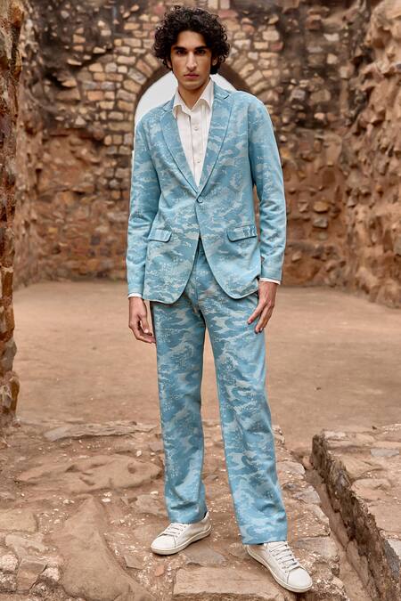 Dash And Dot_Blue Cotton, Polyester, Lycra Jacquard Woven Blazer _at_Aza_Fashions