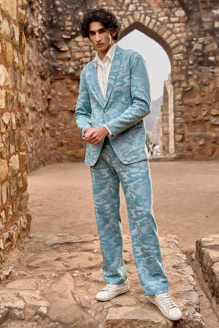 Buy_Dash And Dot_Blue Cotton, Polyester, Lycra Jacquard Woven Blazer 