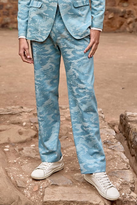 Dash And Dot_Blue Cotton, Polyester Jacquard Woven Blazer And Pant Set _Online_at_Aza_Fashions