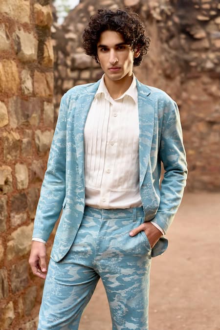 Shop_Dash And Dot_Blue Cotton, Polyester Jacquard Woven Blazer And Pant Set _Online_at_Aza_Fashions