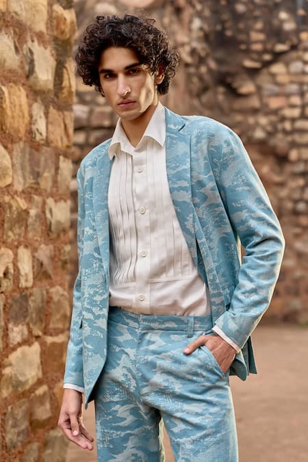 Dash And Dot_Blue Cotton, Polyester Jacquard Woven Blazer And Pant Set _at_Aza_Fashions