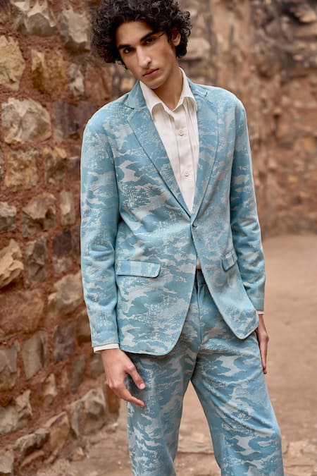 Shop_Dash And Dot_Blue Cotton, Polyester Jacquard Woven Blazer And Pant Set 