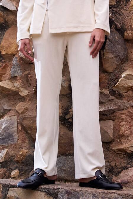 Dash And Dot_Ivory Cotton, Polyester Soft Knitted Straight Pant _Online_at_Aza_Fashions