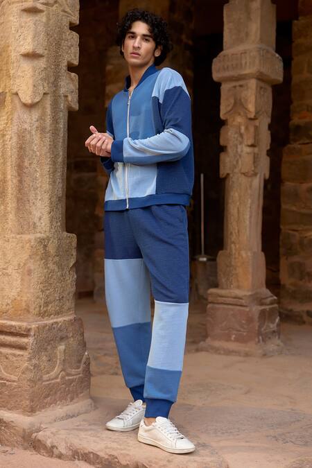 Shop Dash And Dot Blue Cotton Color Blocked Jacket And Pant Set Shop_Dash And Dot_Blue Cotton Color Blocked Jacket And Pant Set