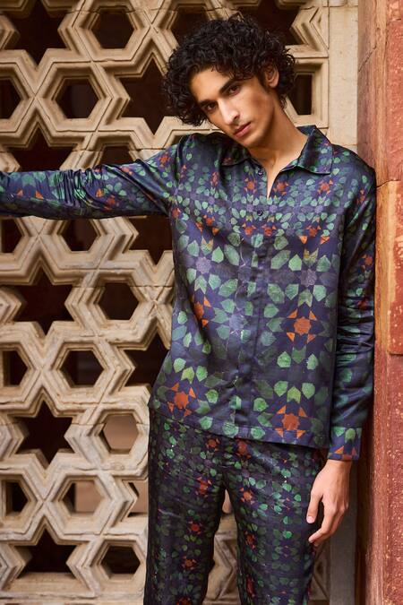 Buy Dash And Dot Multi Color Viscose Embroidery Mosaic Print Collared Shirt Buy_Dash And Dot_Multi Color Viscose Embroidery Mosaic Print Collared Shirt