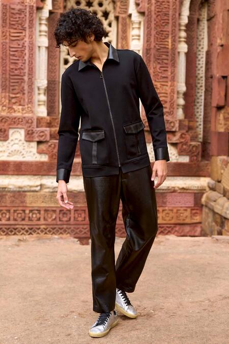 Dash And Dot Black Viscose Knitted Patch Pocket Shirt Online at Aza Fashions Dash And Dot_Black Viscose Knitted Patch Pocket Shirt _Online_at_Aza_Fashions