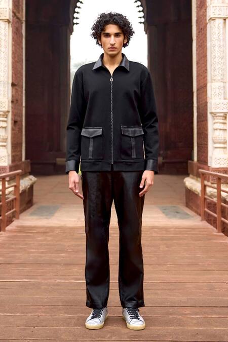 Shop Dash And Dot Black Viscose Knitted Patch Pocket Shirt Shop_Dash And Dot_Black Viscose Knitted Patch Pocket Shirt