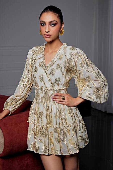 Buy Kay Kay Beige Georgette, Voile Metallic Thread V-neck Woven Floral Dress Online at Aza Fashions Buy_Kay Kay_Beige Georgette, Voile Metallic Thread V-neck Woven Floral Dress _Online_at_Aza_Fashions